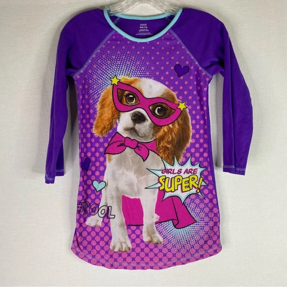 5/$15 Girls Fleece Nightgown Purple Super Dog Girls Are Super Cool M 7/8